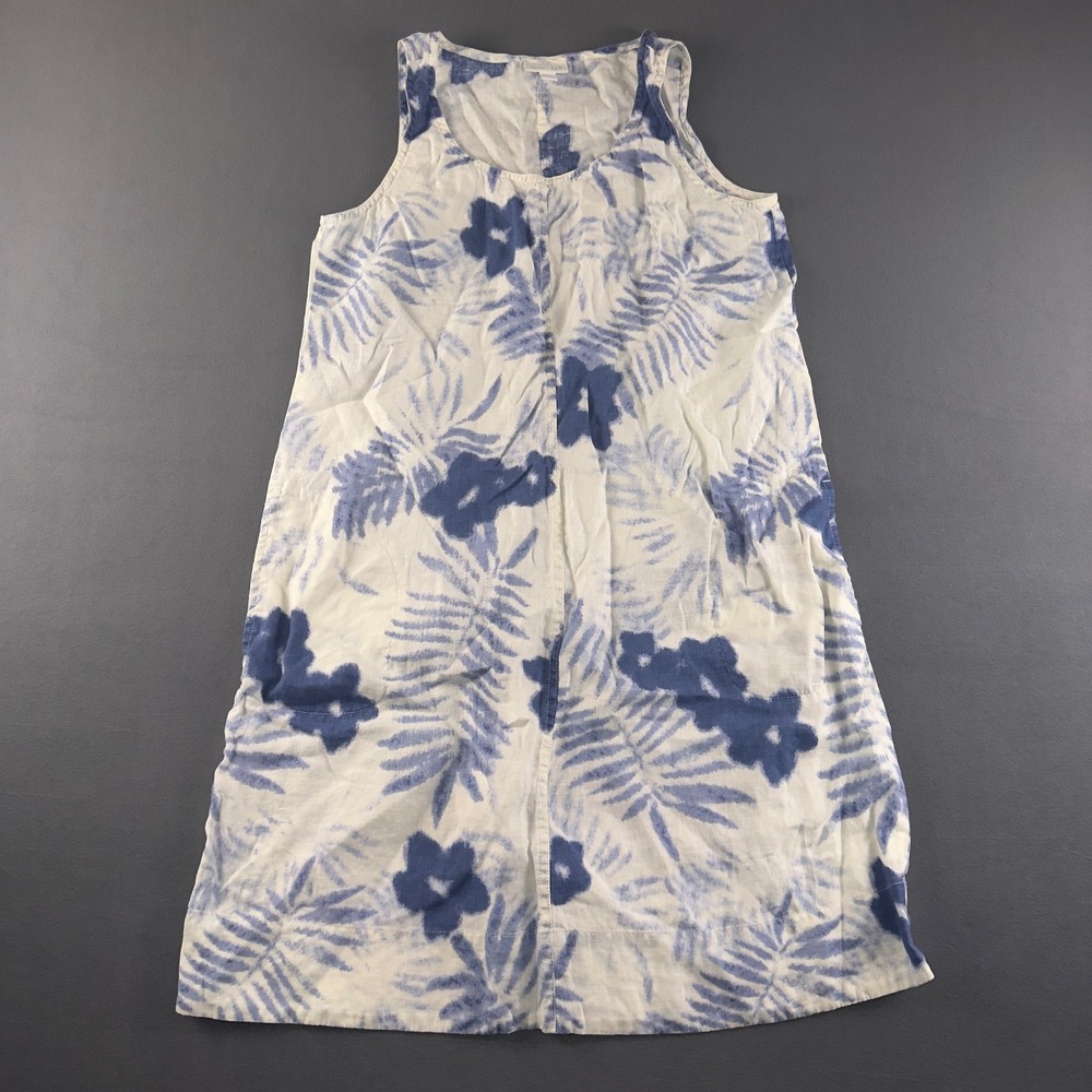 J. Jill Love Linen Dress Womens Small Blue White Tropical Floral Palm Sleeveless - Picture 1 of 7